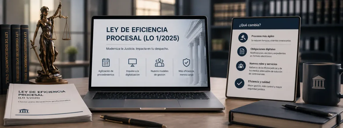 Portátil y tablet sobre la Ley de Eficiencia Procesal (LO 1/2025) y qué cambia para los despachos, con balanza