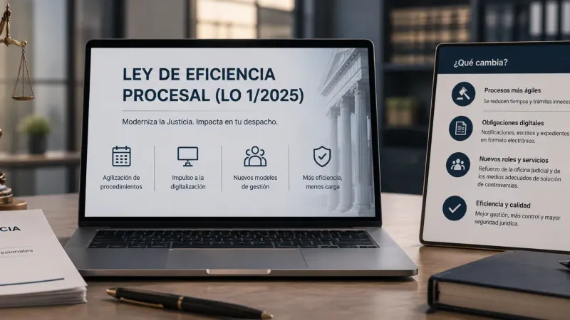 Portátil y tablet sobre la Ley de Eficiencia Procesal (LO 1/2025) y qué cambia para los despachos, con balanza