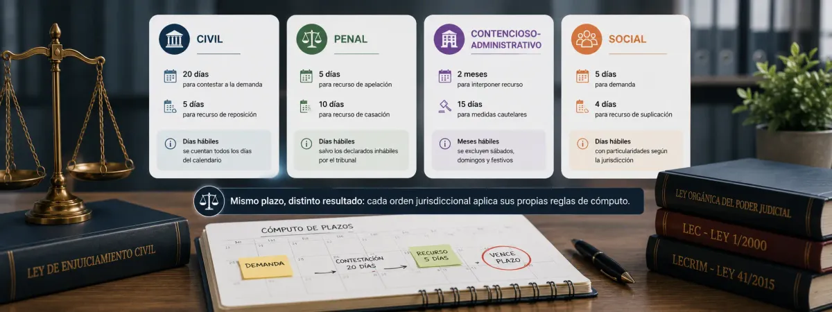 Plazos de los órdenes civil, penal, contencioso-administrativo y social sobre una agenda de cómputo de plazos