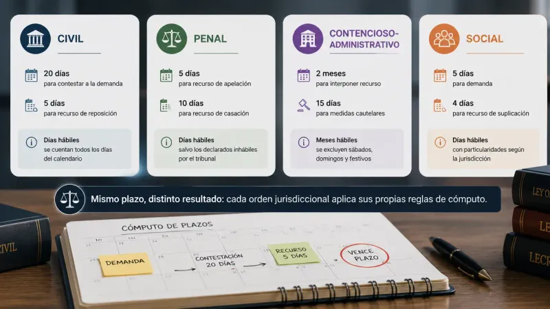 Plazos de los órdenes civil, penal, contencioso-administrativo y social sobre una agenda de cómputo de plazos