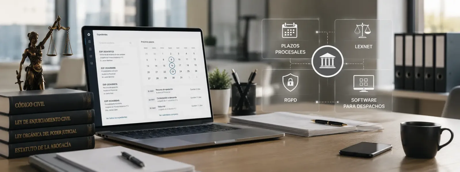 Portátil con el gestor de expedientes y plazos de Norbia Legal y un esquema con plazos procesales, LexNET, RGPD y software