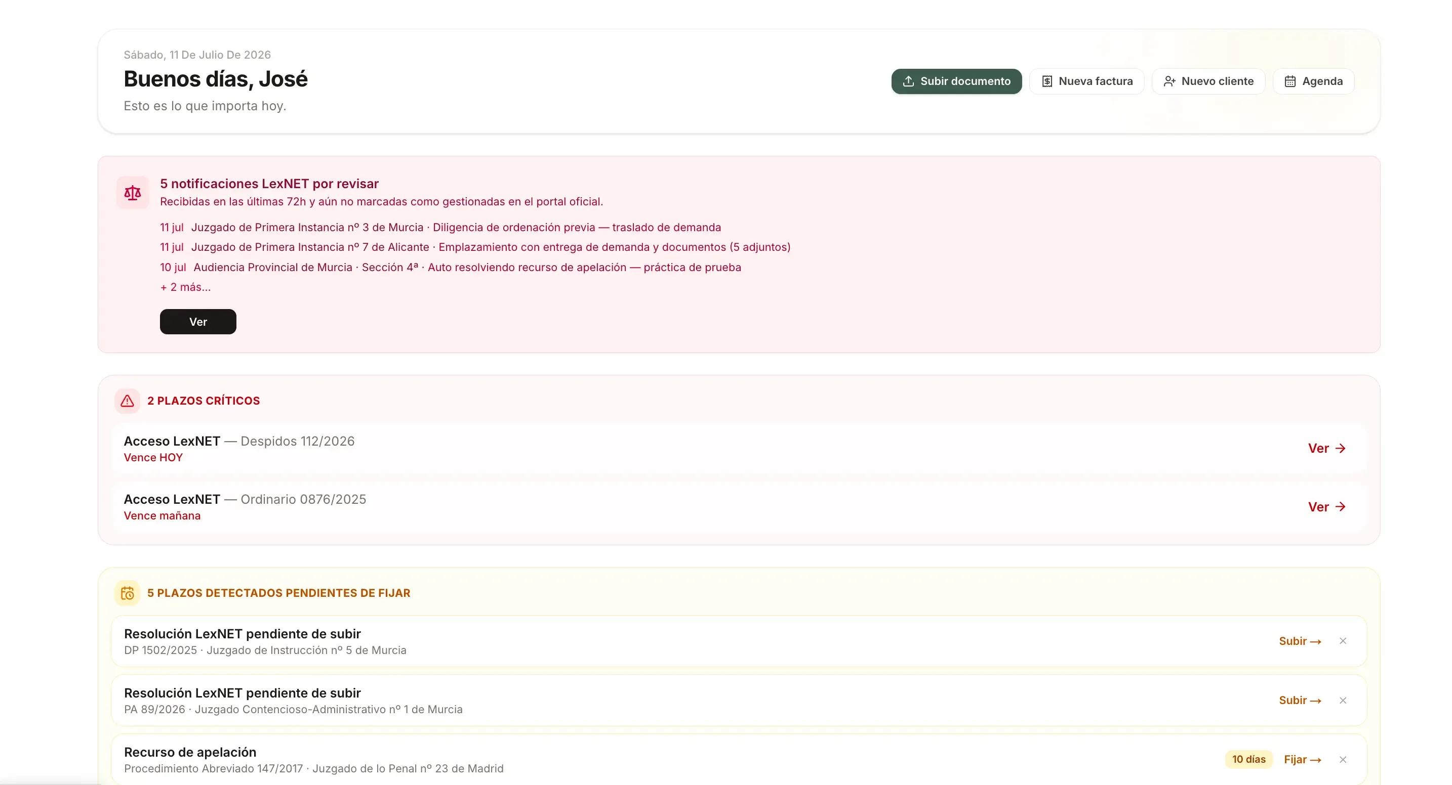 Dashboard jurídico de Norbia Legal con expedientes, documentos y tareas del despacho en una única vista.