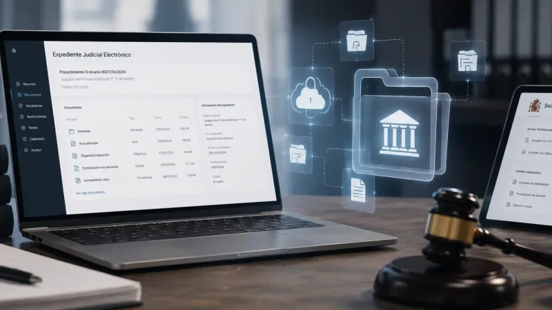 Portátil con un expediente judicial electrónico y una tablet con la Sede Judicial Electrónica, junto a balanza y mazo