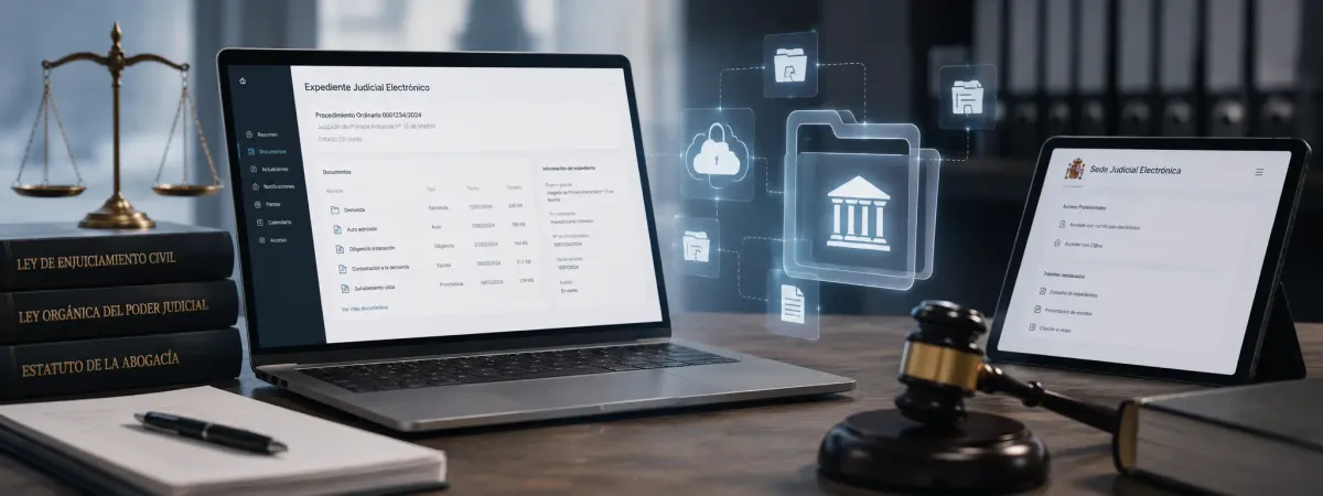 Portátil con un expediente judicial electrónico y una tablet con la Sede Judicial Electrónica, junto a balanza y mazo