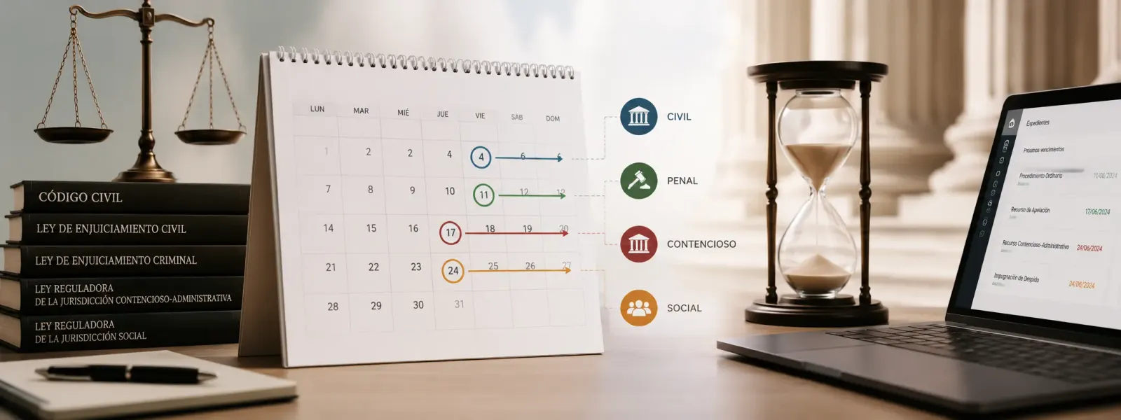 Calendario con vencimientos por orden jurisdiccional, reloj de arena y libros de leyes procesales en un despacho